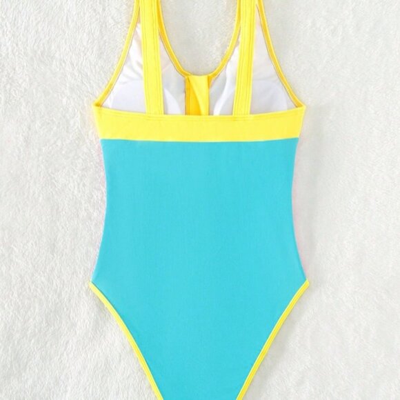 SHEIN One Piece Swimsuit Juniors Medium Blue Pink Yellow Colorblock Zip Front - Picture 6 of 6